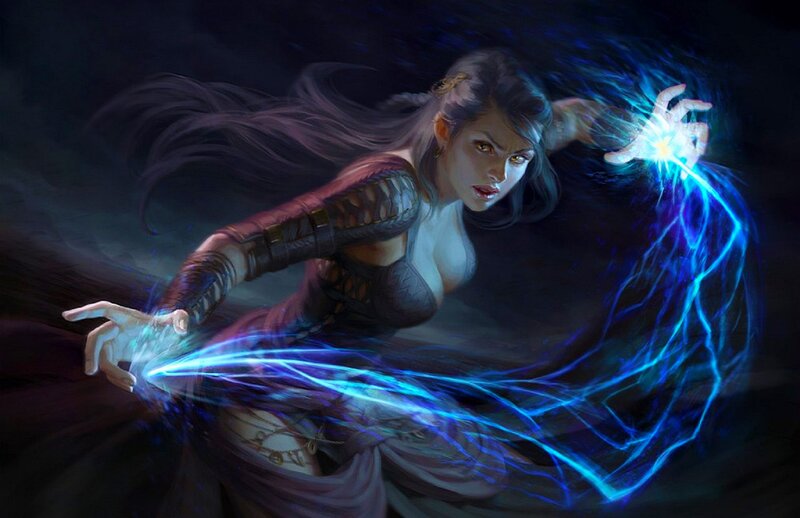 Woman Casting Spell — Blue, Dramatic, Night, Digital Art, Magic, Lightning, Long Hair