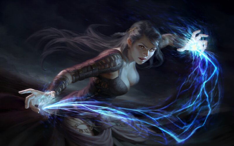 Woman Casting Spell — Blue, Dramatic, Night, Digital Art, Magic, Lightning