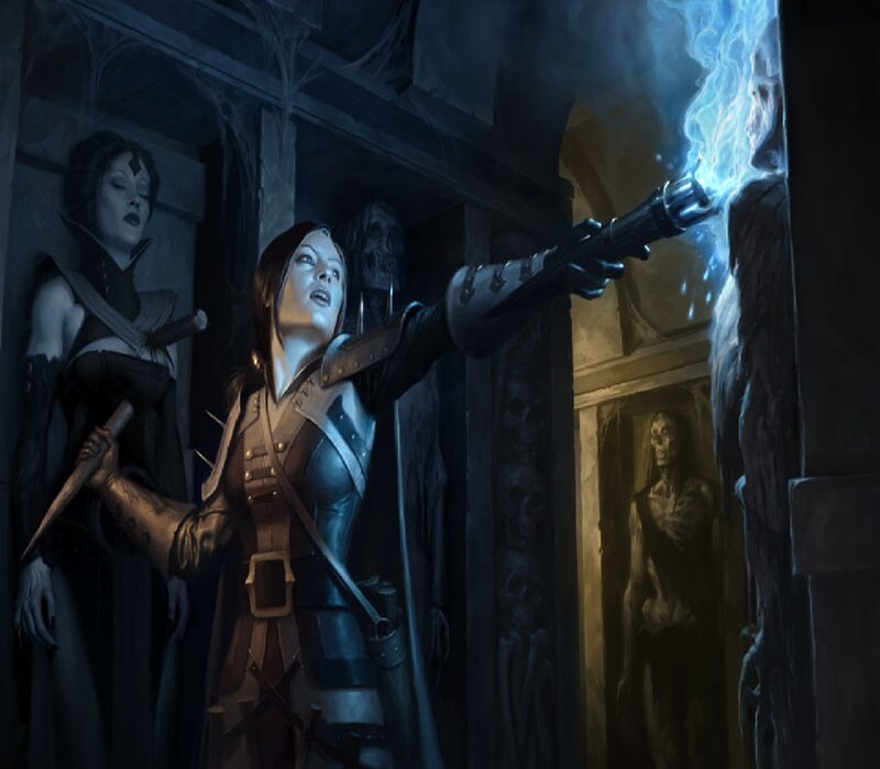 Woman Casting Spell — Blue, Dramatic, Night, Digital Art, Skeleton