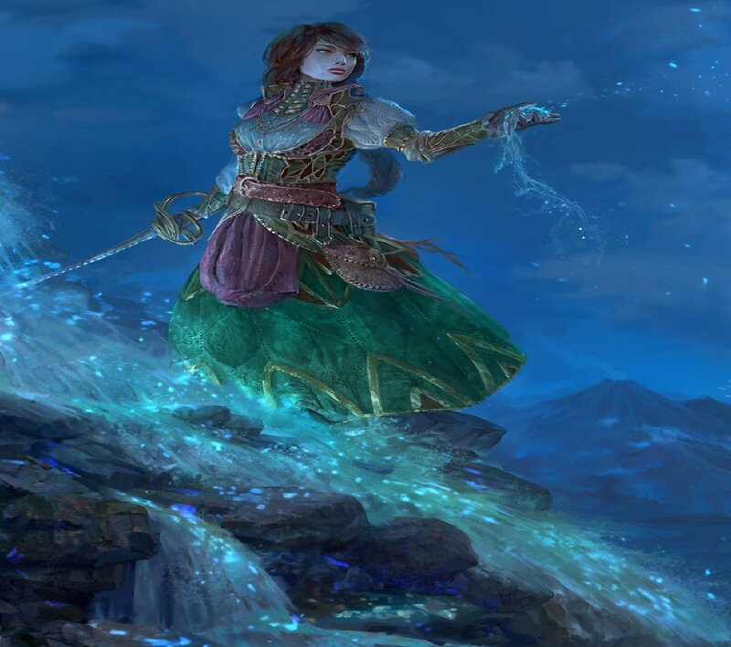 Woman Casting Spell — Blue, Dramatic, Night, Digital Art, Sword