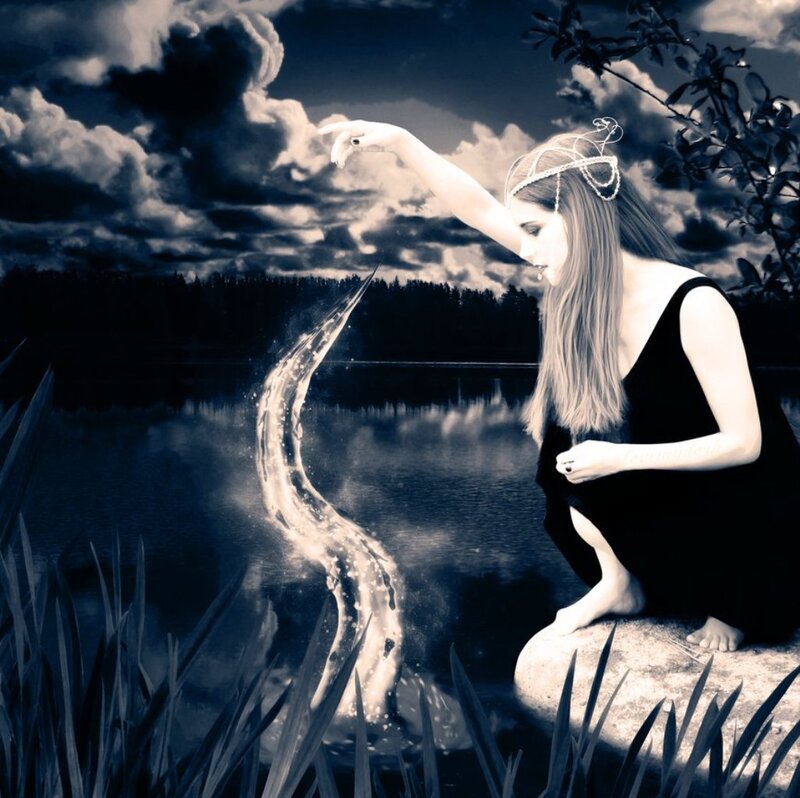 Woman Casting Spell — Blue, Dramatic, Night, Digital Art