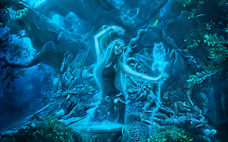 Woman Casting Spell — Blue, Mystical