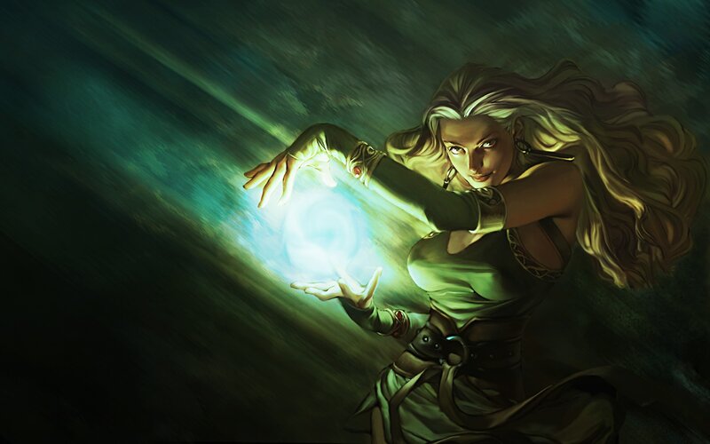 Woman Casting Spell — Green, Dramatic, Digital Art, Magic, Light
