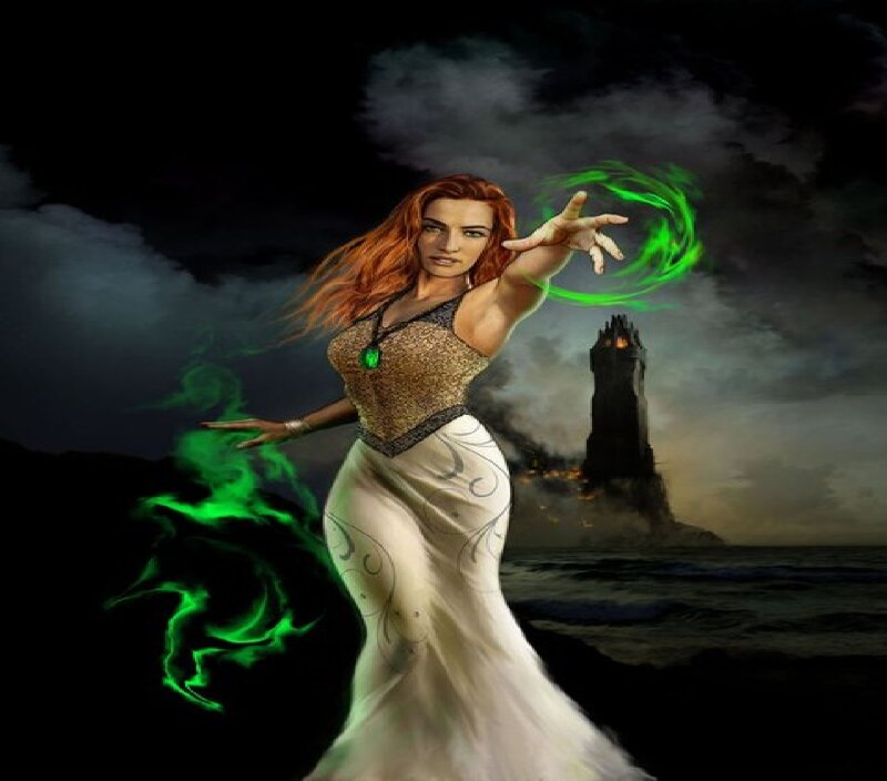 Woman Casting Spell — Green, Dramatic, Night, Digital Art, Tower