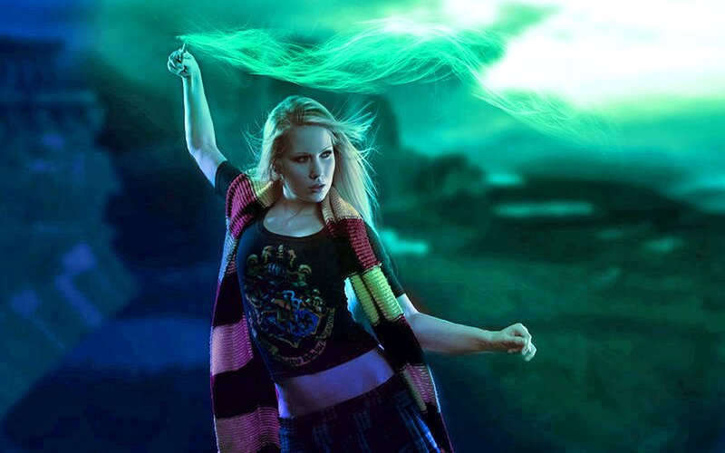 Woman Casting Spell — Green, Dramatic, Night, Photograph