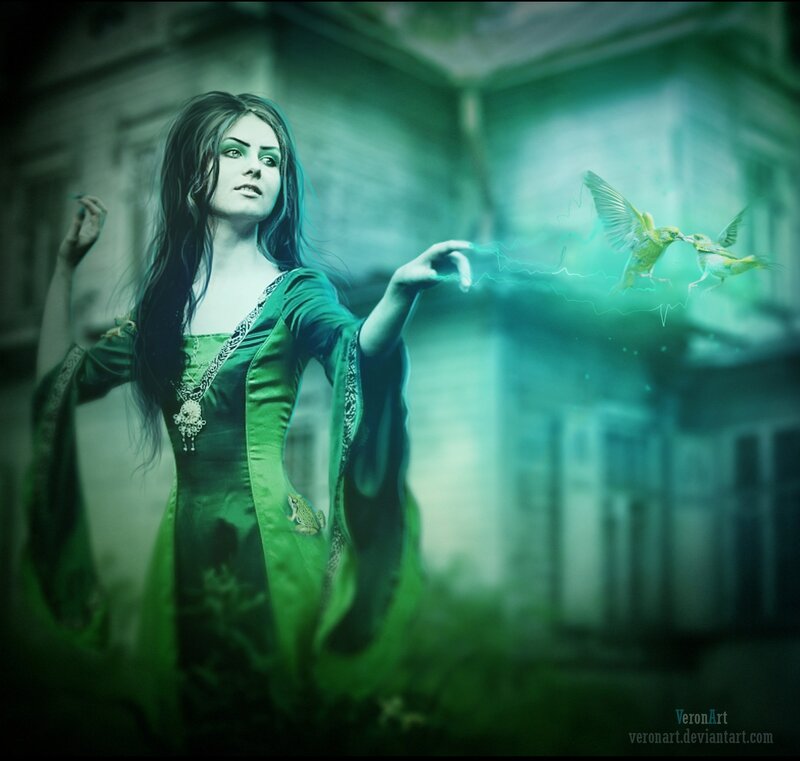 Woman Casting Spell — Green, Mystical, Night