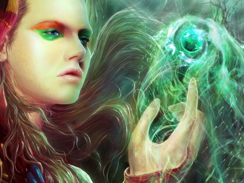 Woman Casting Spell — Green, Mystical