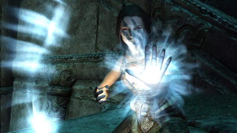 woman casting spell in ancient ruin