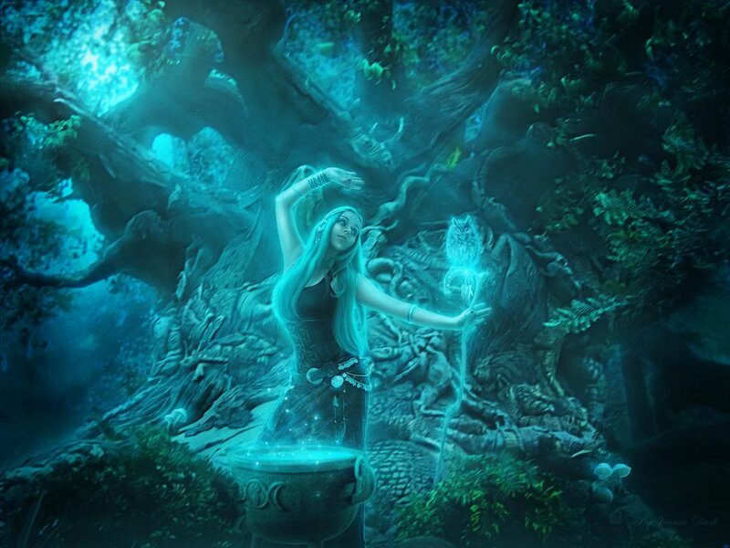Woman Casting Spell in Forest — Blue, Mystical, Night