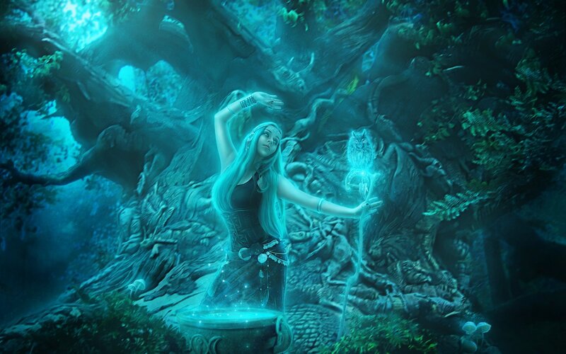 Woman Casting Spell in Forest — Blue, Mystical