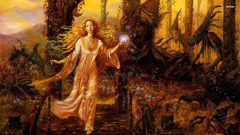 Woman Casting Spell in Forest — Gold, Dramatic