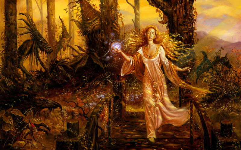 Woman Casting Spell in Forest — Gold