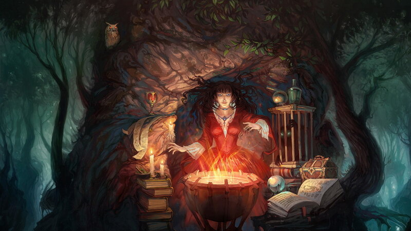 Woman Casting Spell in Forest — Red