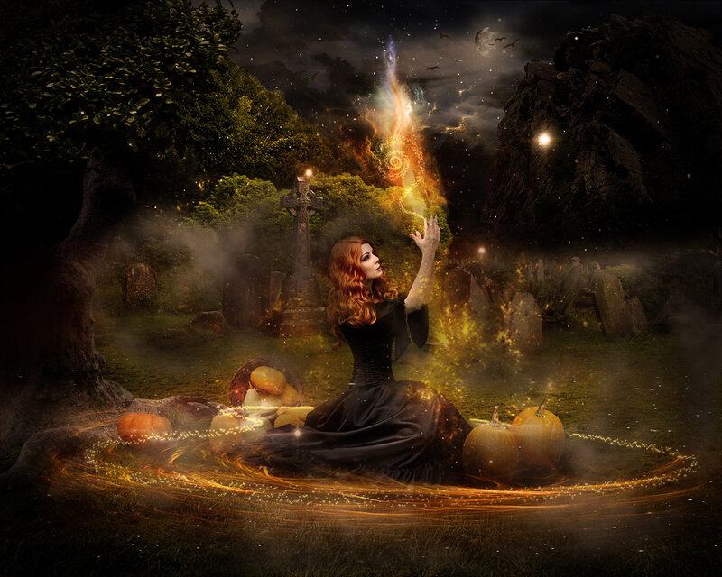 Woman Casting Spell in Graveyard — Black
