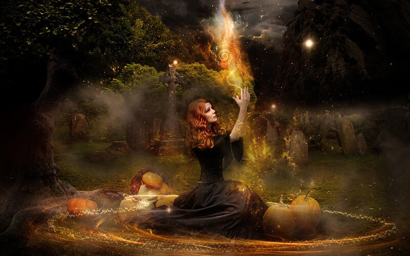 Woman Casting Spell in Graveyard
