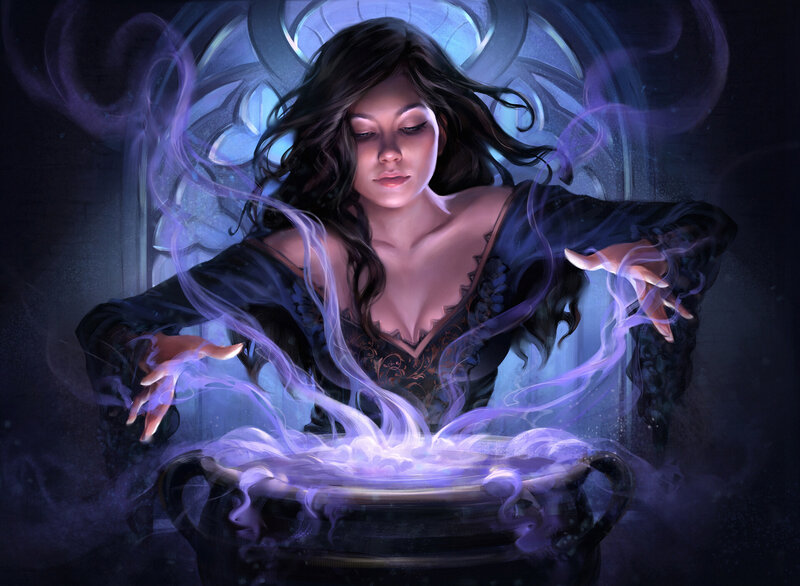 Woman Casting Spell — Purple, Dramatic, Night, Digital Art, Cauldron, Magic