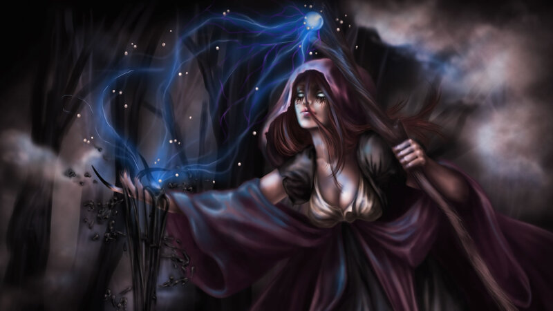 Woman Casting Spell — Purple, Dramatic, Night, Digital Art, Magic, Staff