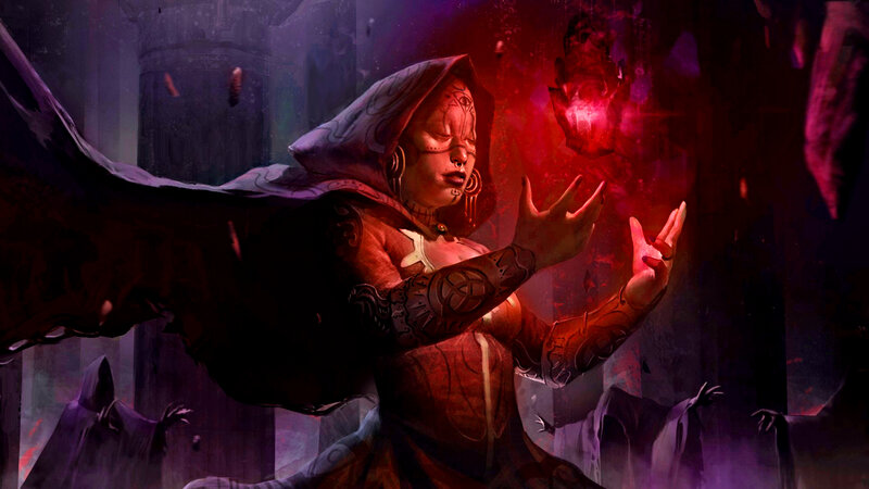 Woman Casting Spell — Red, Dramatic, Intense