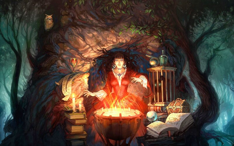 Woman Casting Spell — Red, Dramatic, Night, Digital Art, Owl