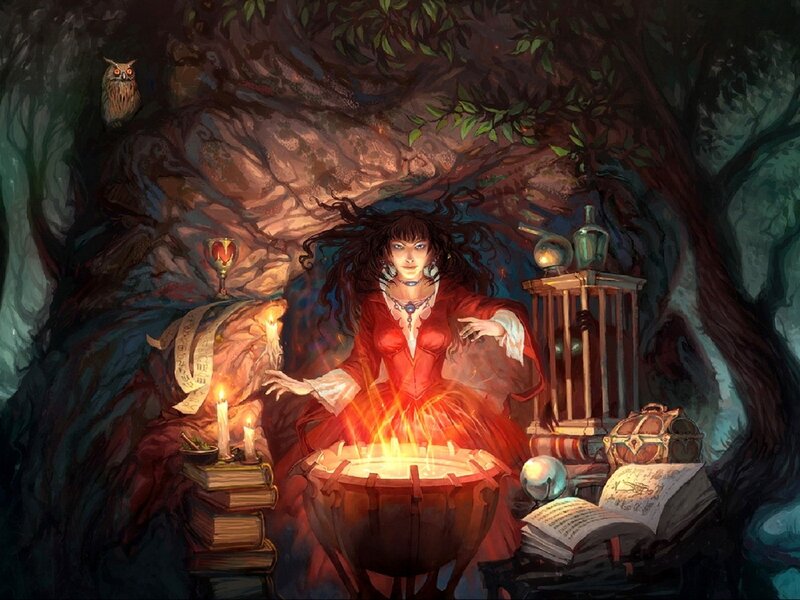 Woman Casting Spell — Red, Dramatic, Night