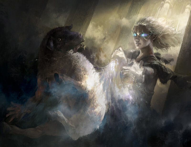 Woman Casting Spell — White, Dramatic, Digital Art