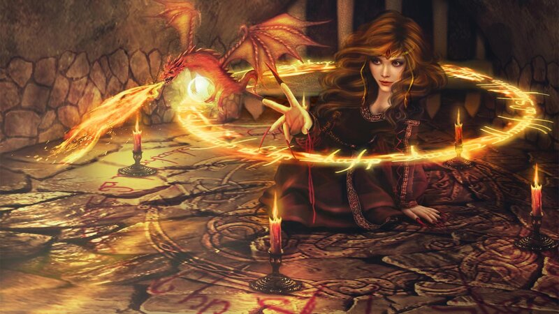 Woman Casting Spell with Dragon — Brown