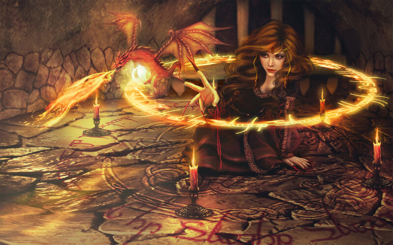 Woman Casting Spell with Dragon — Gold