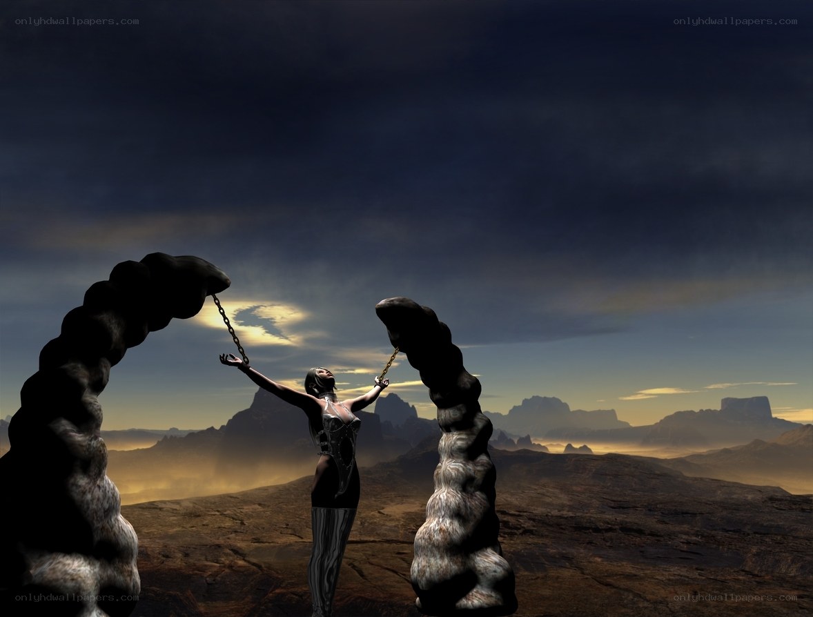woman chained in desert