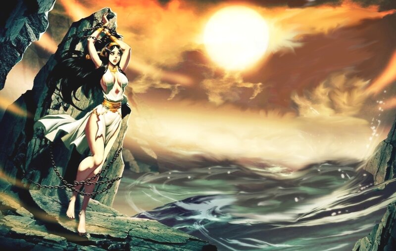 woman chained on a cliff
