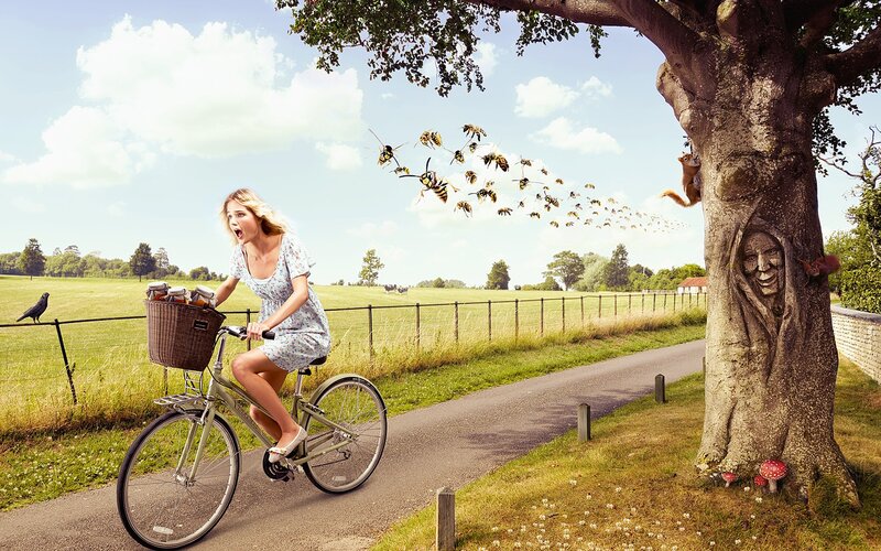 Woman chased by bees on bike