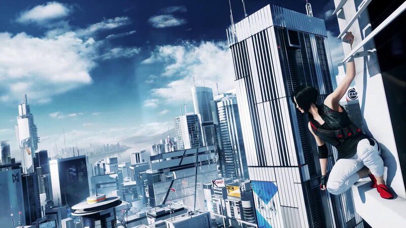 Woman Climbing Building — Blue, Dramatic, Afternoon, 3d Render, Cityscape, Skyscraper, Clouds, White