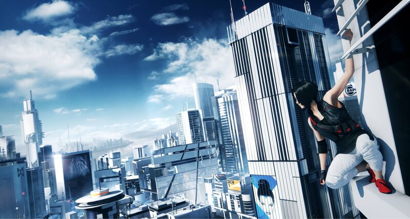Woman Climbing Building — Blue, Dramatic, Afternoon, 3d Render, Cityscape