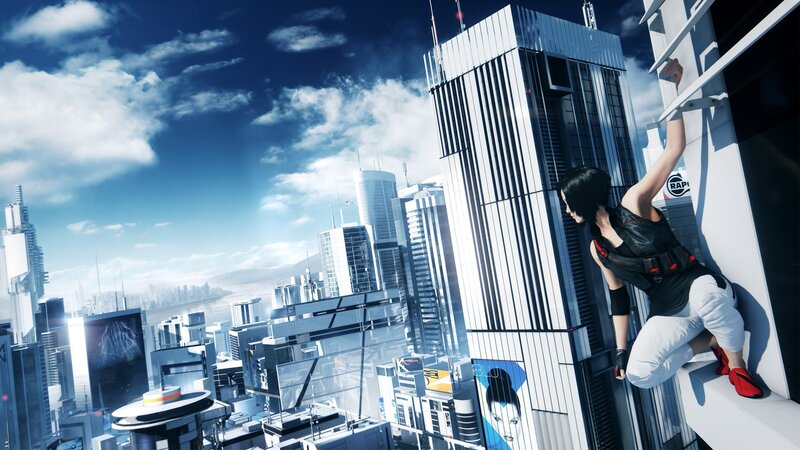 Woman Climbing Building — Blue, Dramatic, Afternoon
