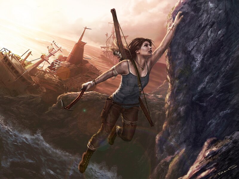 Woman Climbing Cliff — Brown, Dramatic, Sunset, Digital Art, Shipwreck