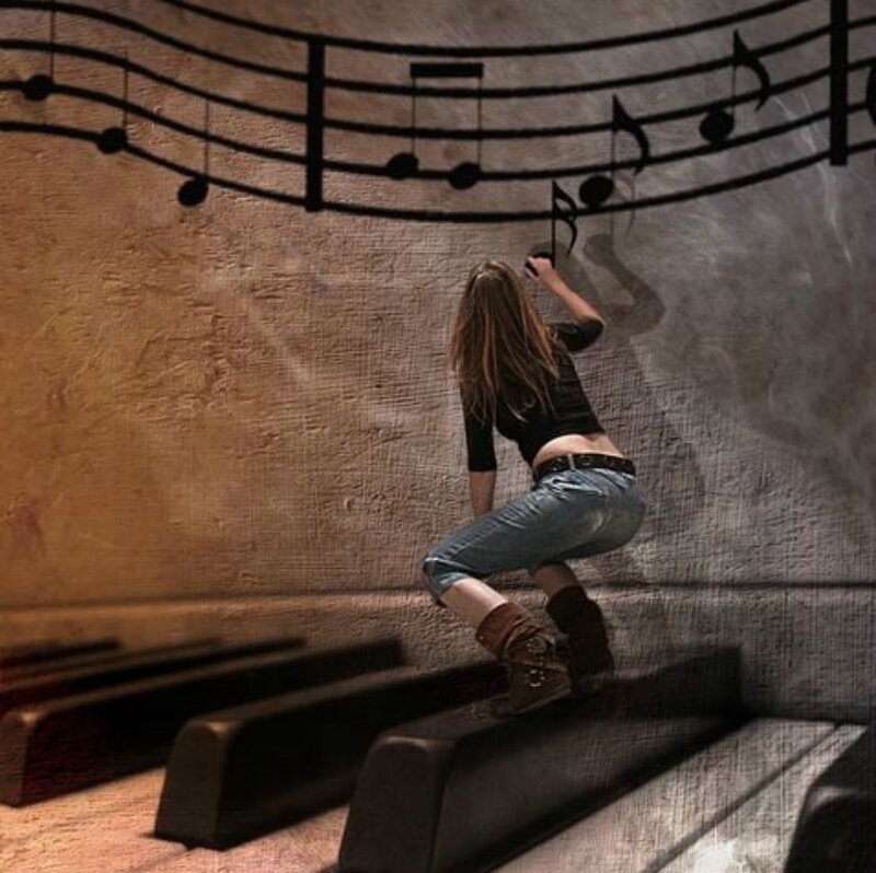 Woman Climbing Piano Keys