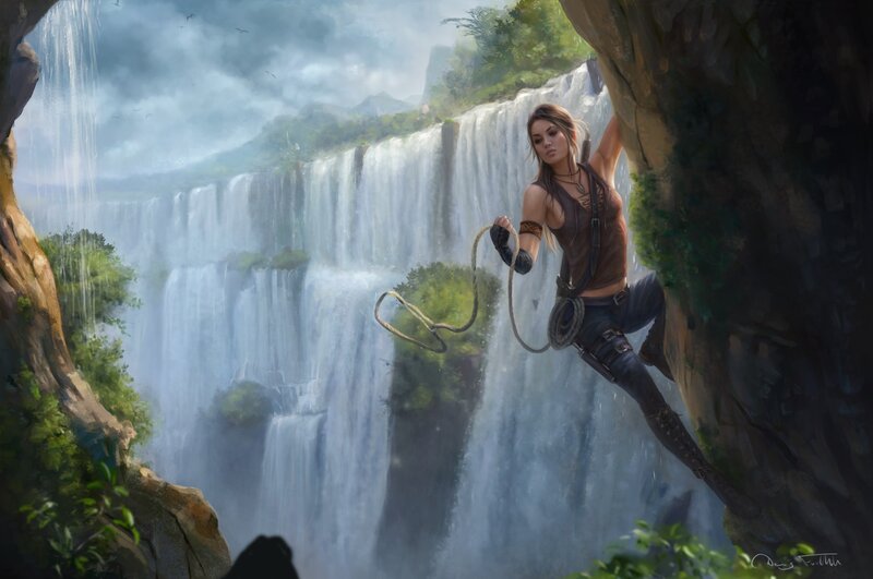 Woman Climbing Waterfall