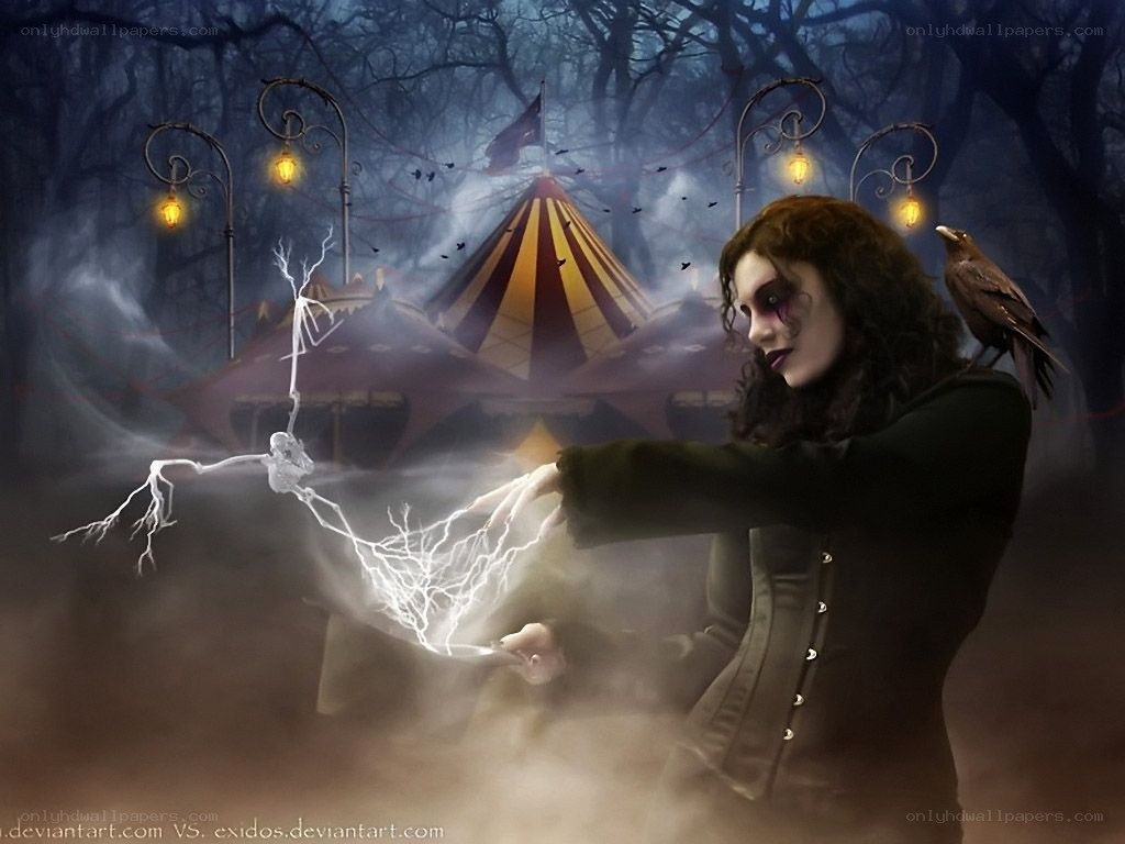 Woman conjuring lightning in a circus