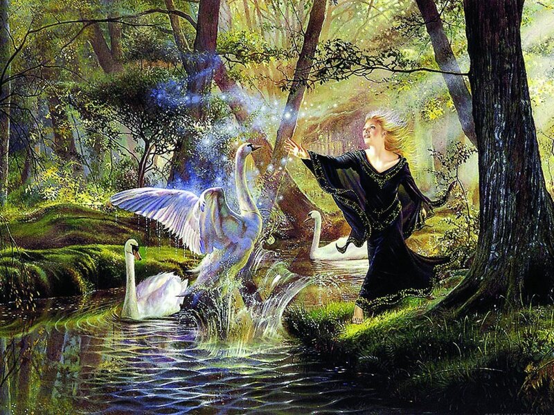Woman conjuring swans in a forest