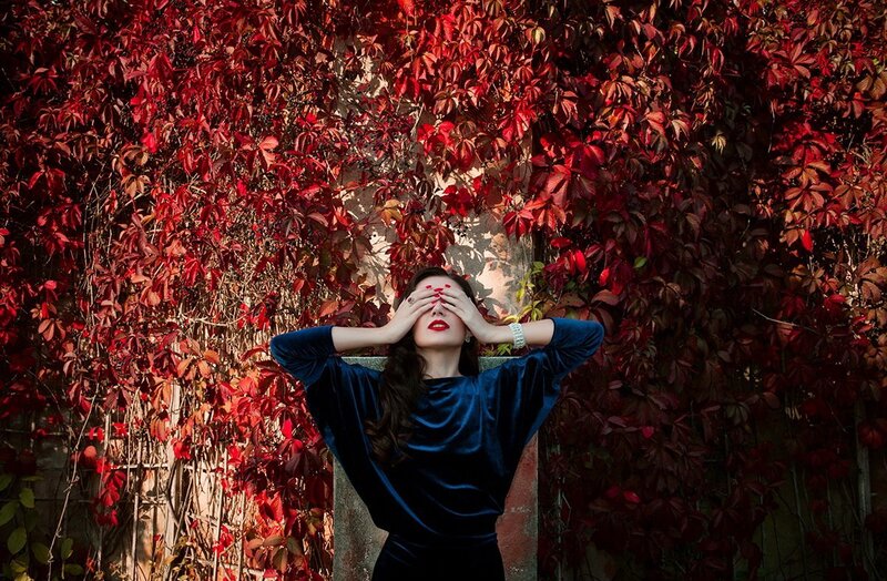 Woman Covering Eyes — Red