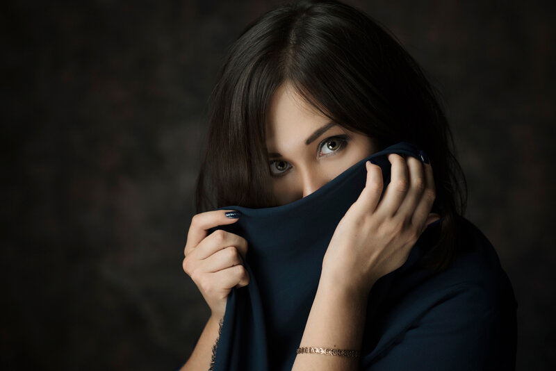 Woman Covering Face — Black, Dramatic, Photograph