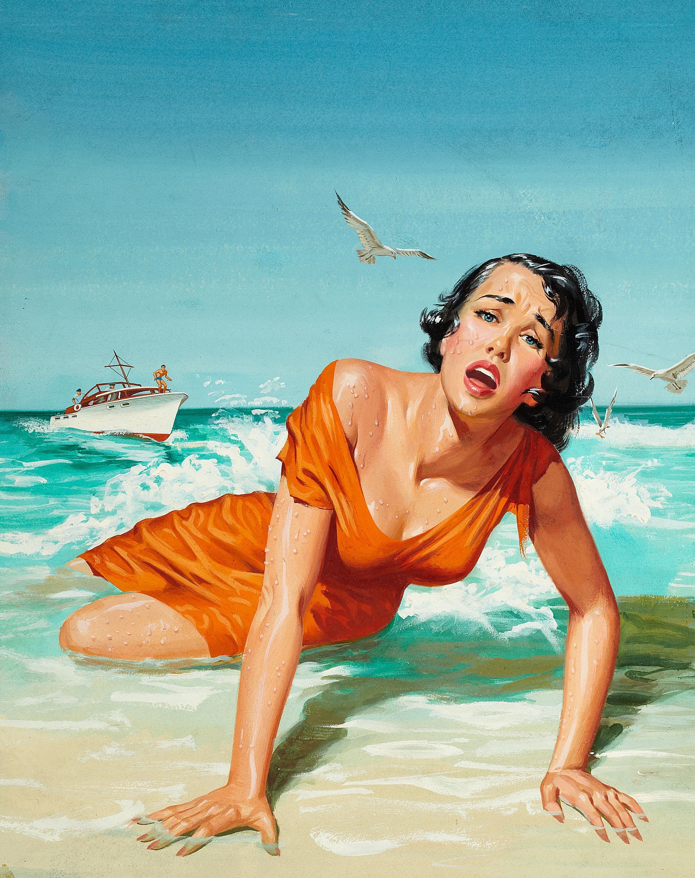 Woman crawling from ocean
