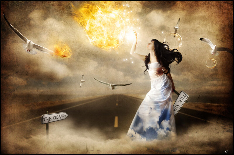 woman creating a sun on a road