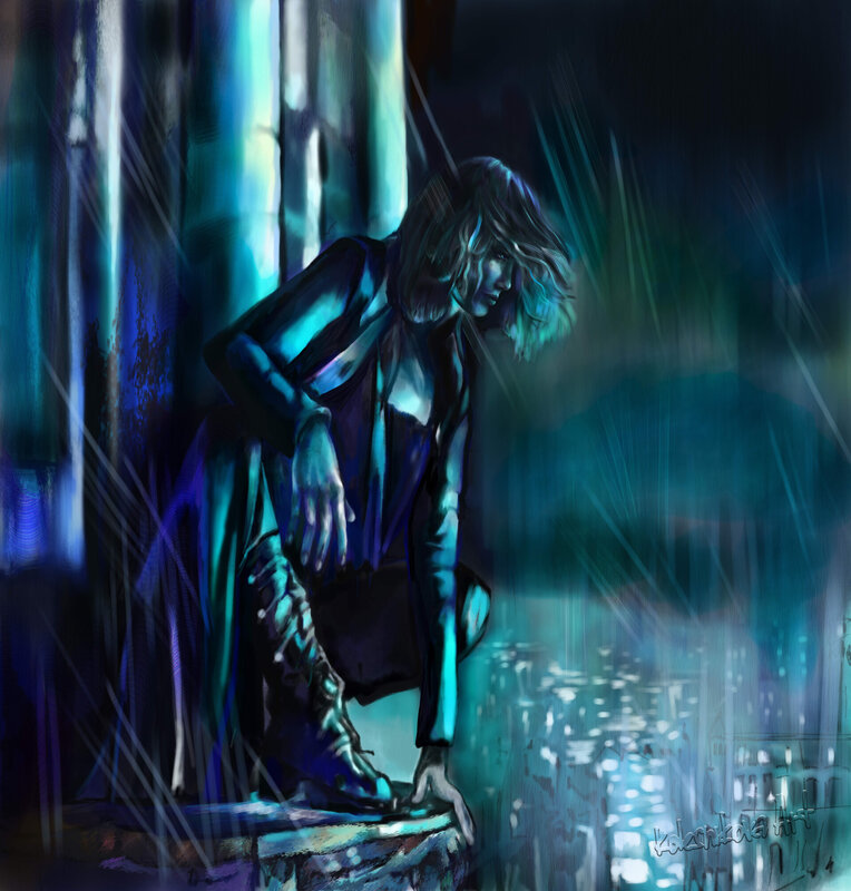 Woman Crouching in Rain