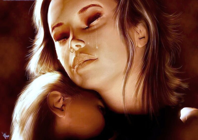 woman crying with child