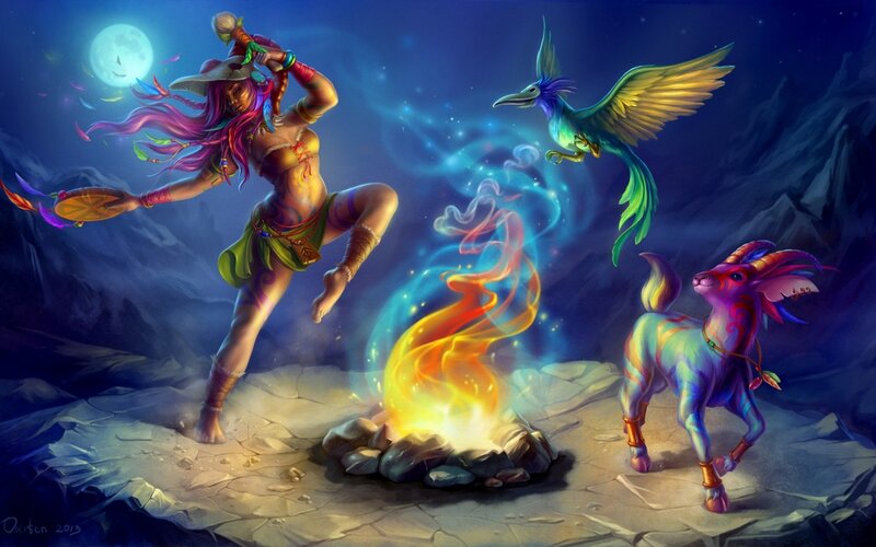 Woman Dancing by Fire — Blue