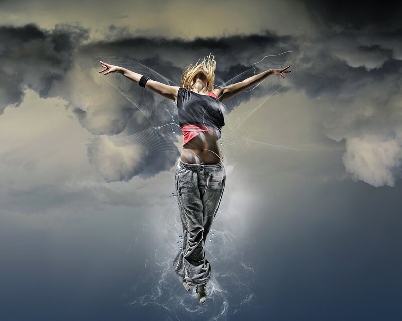 Woman Dancing in Clouds — Gray, Dramatic