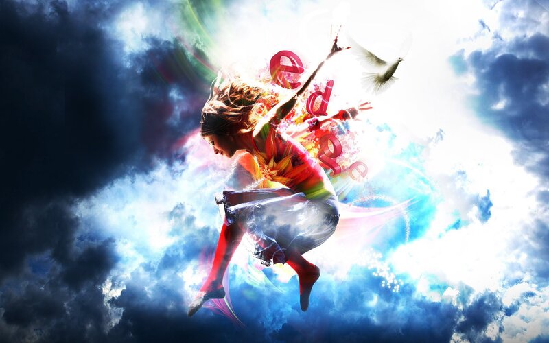 woman dancing in colorful sky