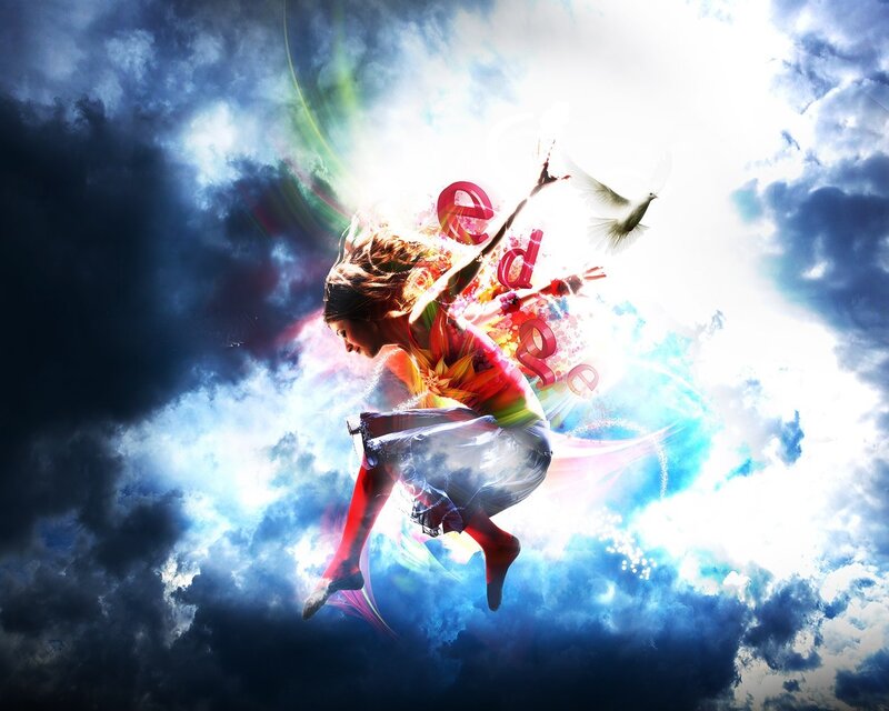 woman dancing in colorful sky