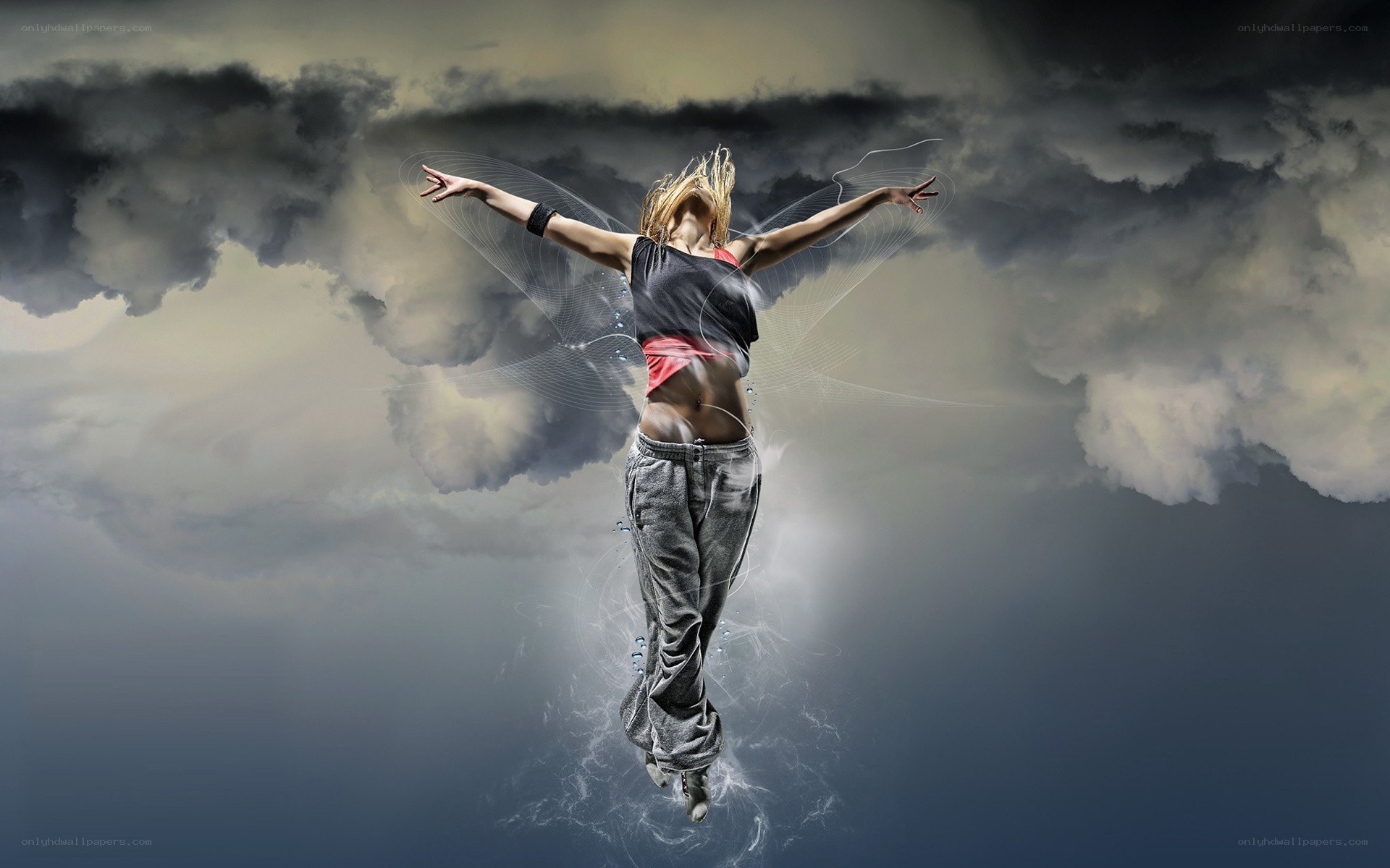 woman dancing in stormy sky