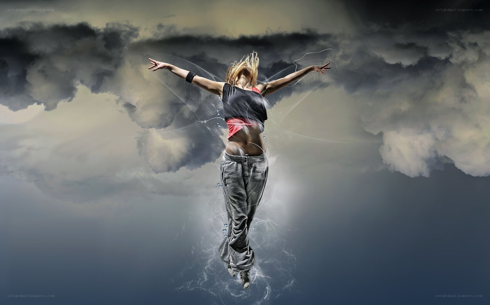woman dancing in stormy sky